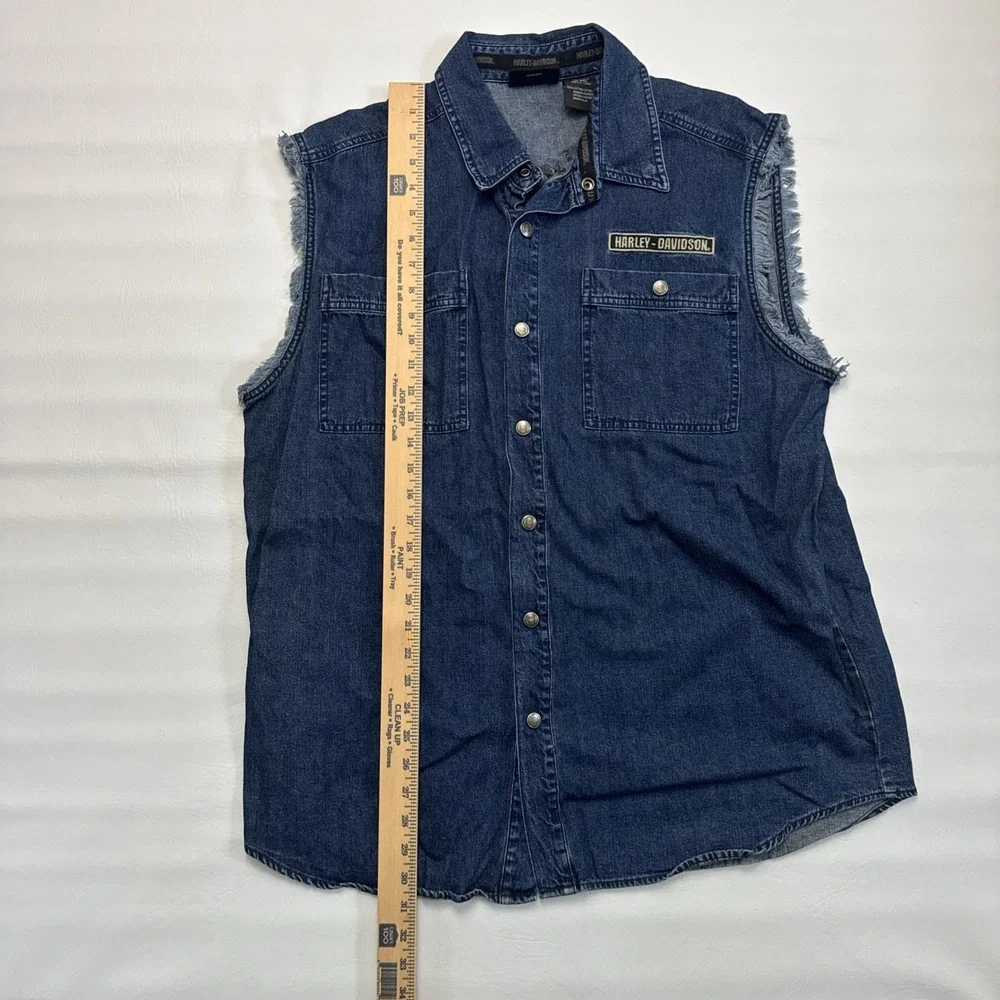 Harley-Davidson Embroidered Eagle Blue Frayed Denim Jean Mens Snap Vest Size X-L